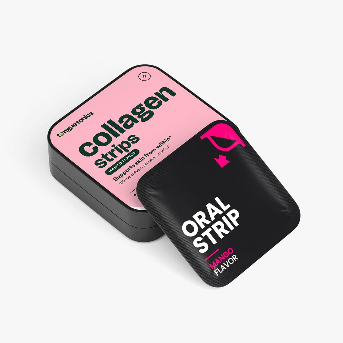 Beauty + Collagen Strips tin with a strip packet