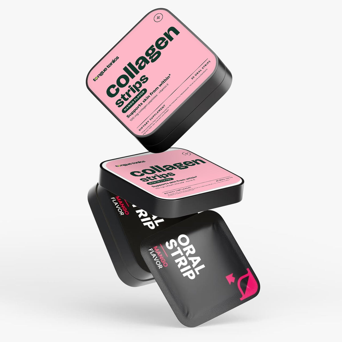 Beauty + Collagen Strips tin floating open with packets