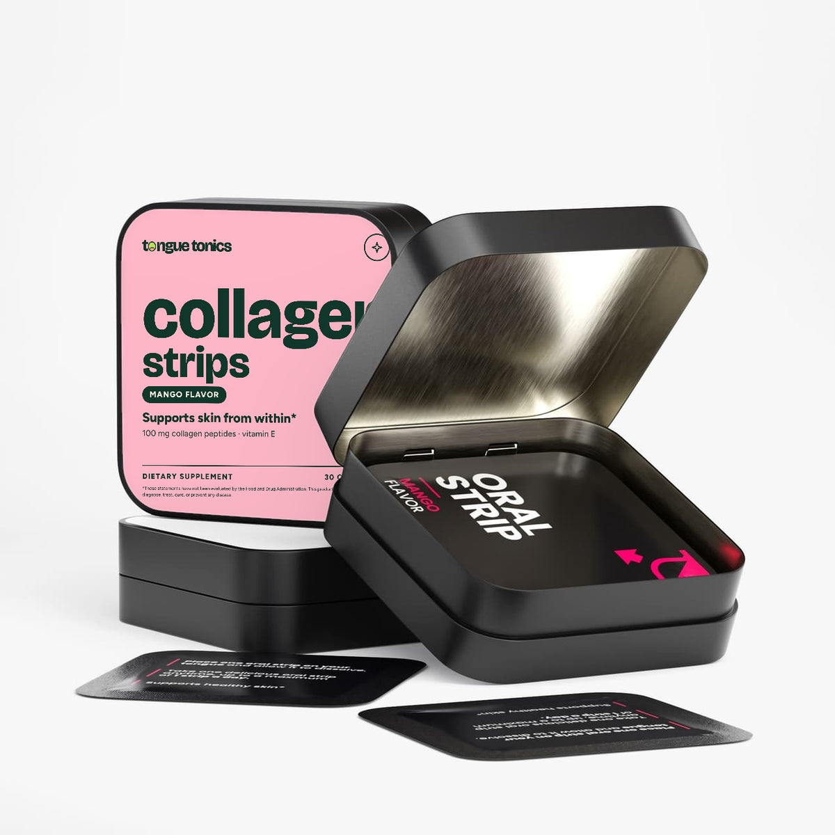 Beauty + Collagen Strips open tin with strip packets
