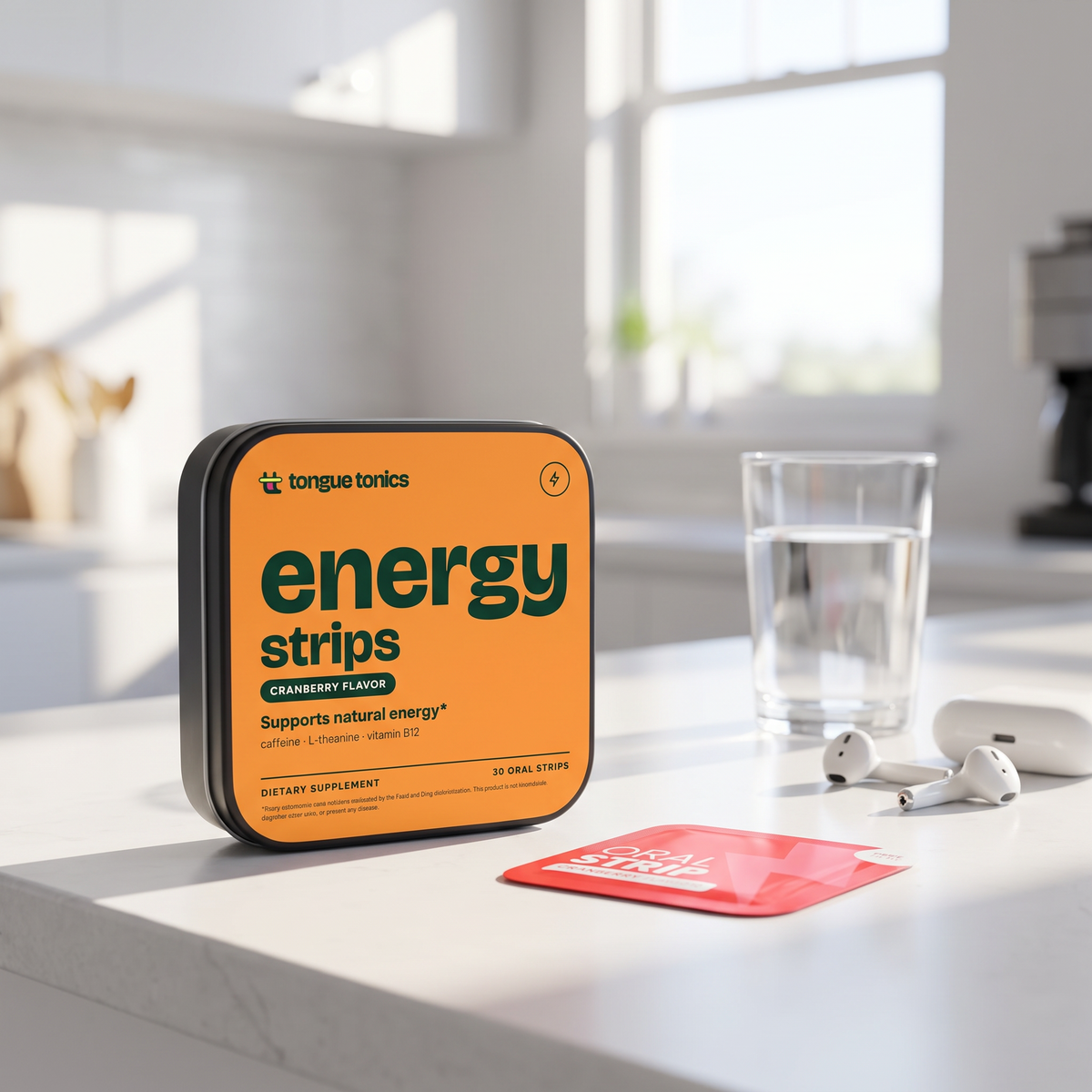Energy Strips tin on a kitchen counter