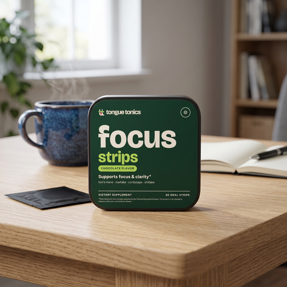 Mushroom Focus Strips tin on a desk