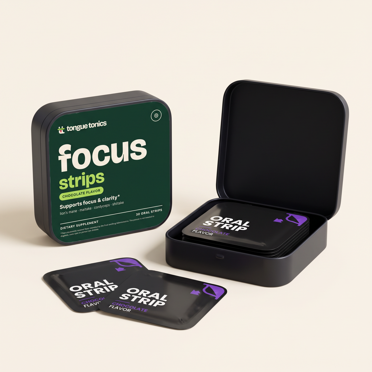 Mushroom Focus Strips open tin with strip packets