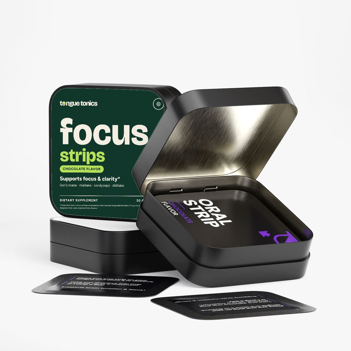 Mushroom Focus Strips open tin with strip packets