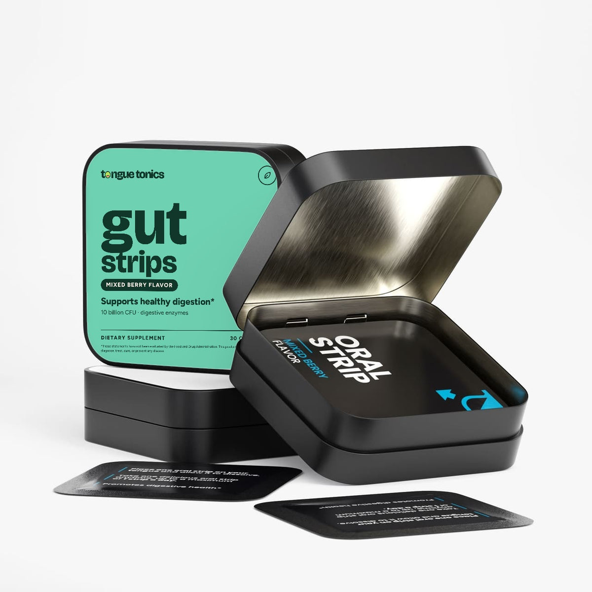 Digestive + Gut Health Strips open tin with strip packets