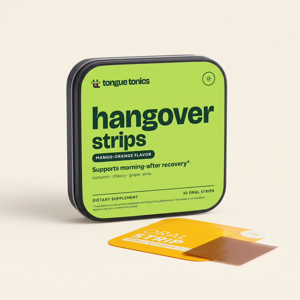 Hangover Strips tin with a strip packet