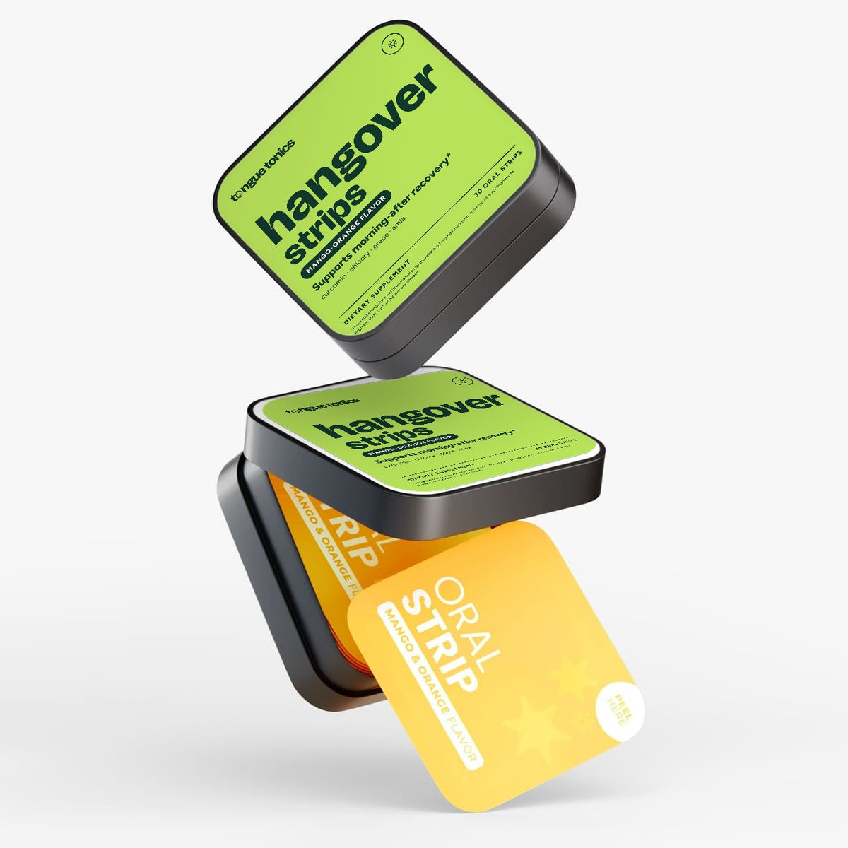 Hangover Strips tin floating open with packets