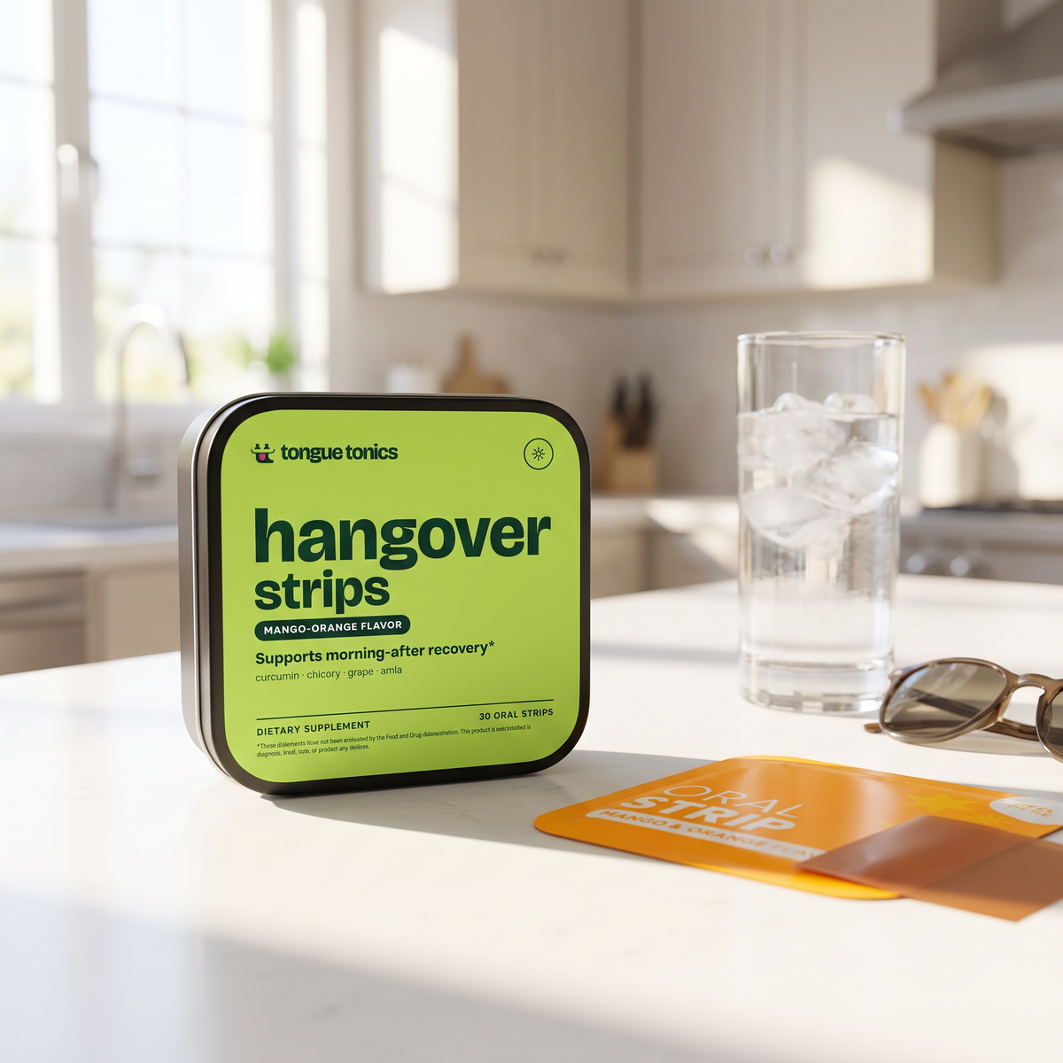 Hangover Strips tin on a kitchen counter with a glass of water