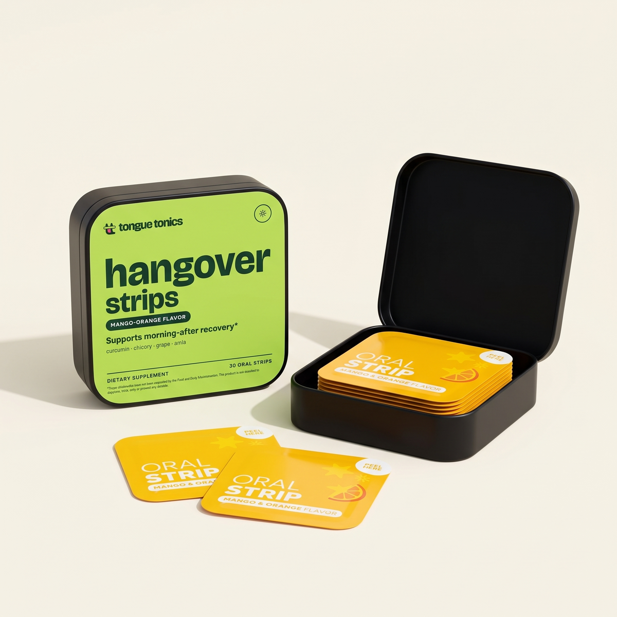 Hangover Strips open tin with strip packets