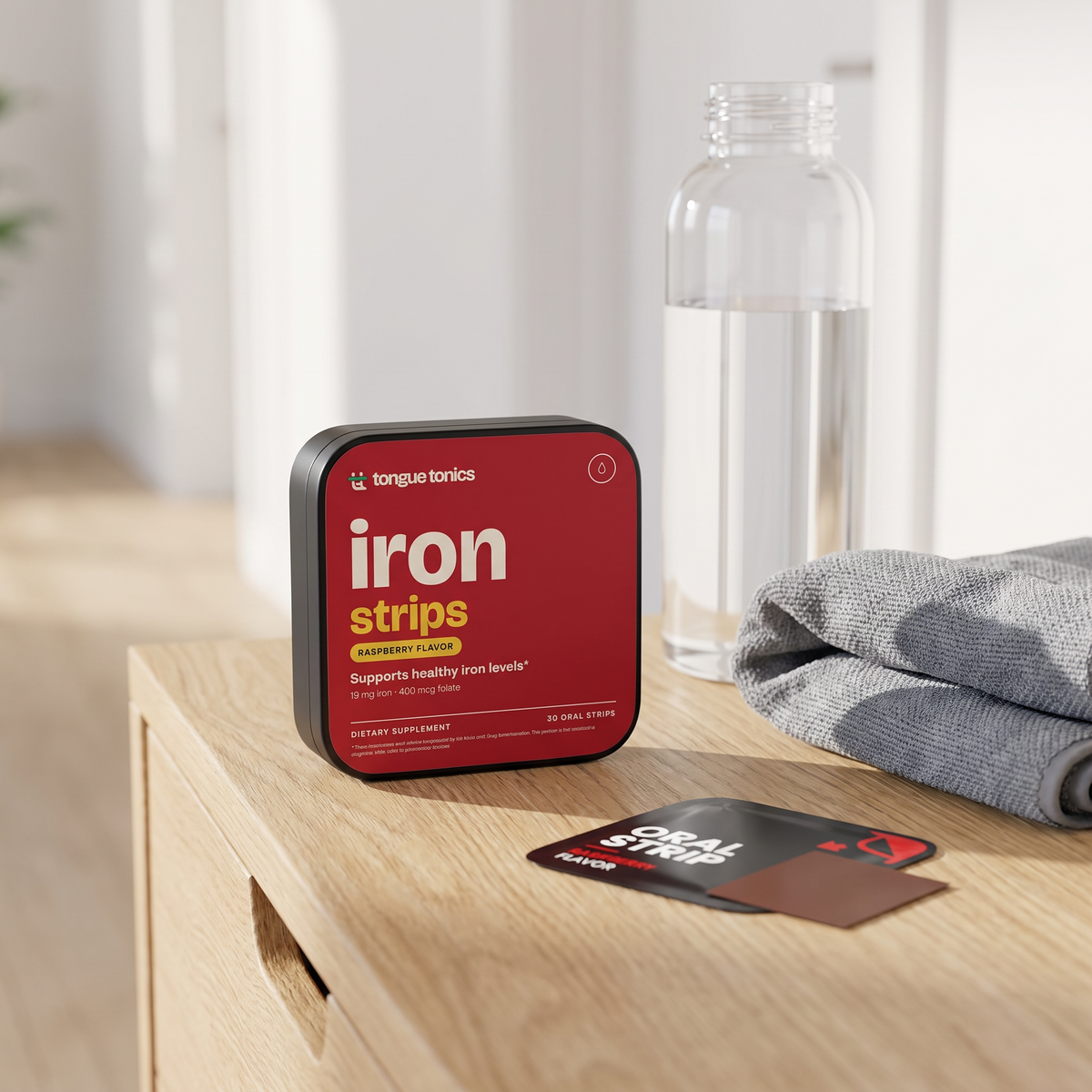 Iron Strips tin on an entryway console