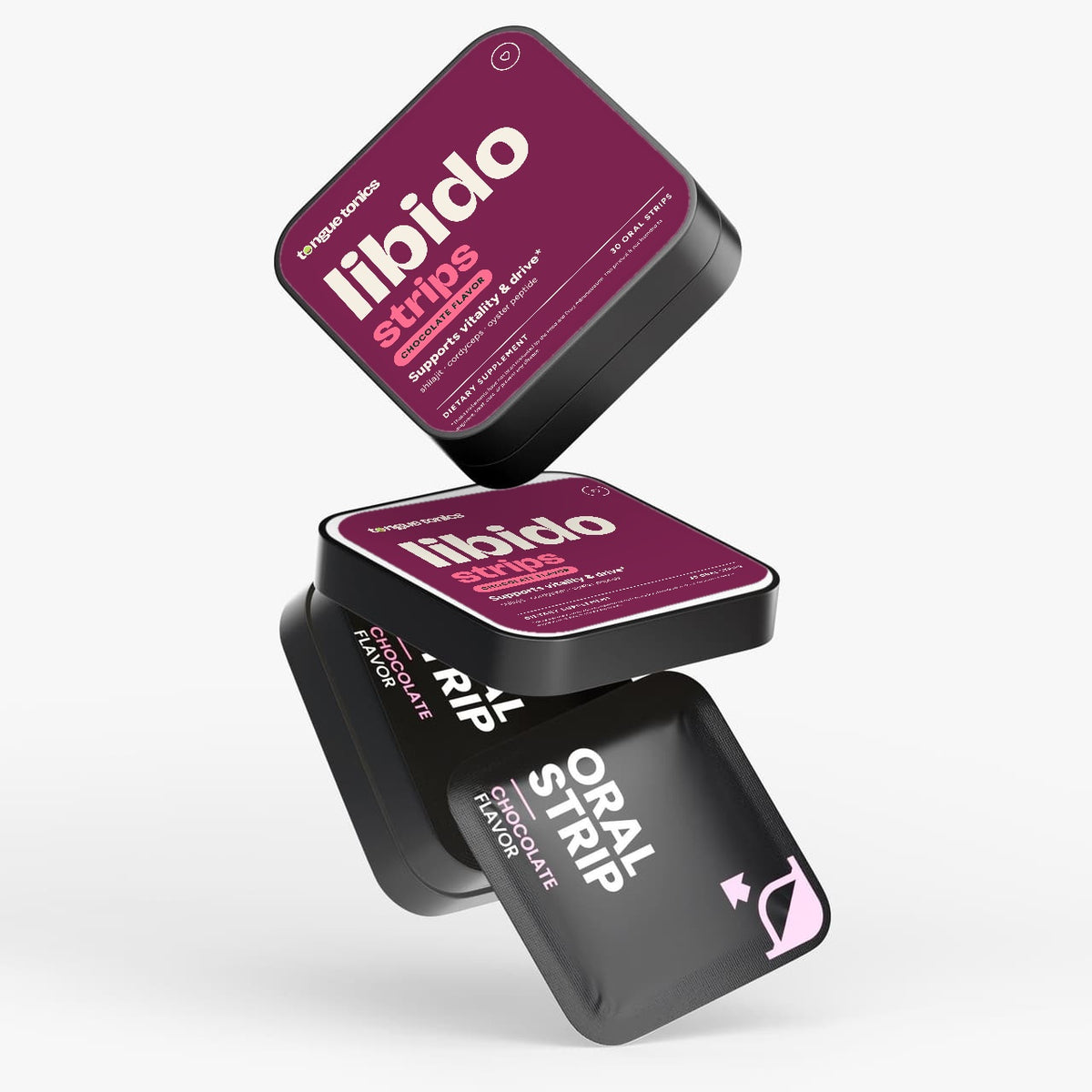 Libido Support Strips tin floating open with packets