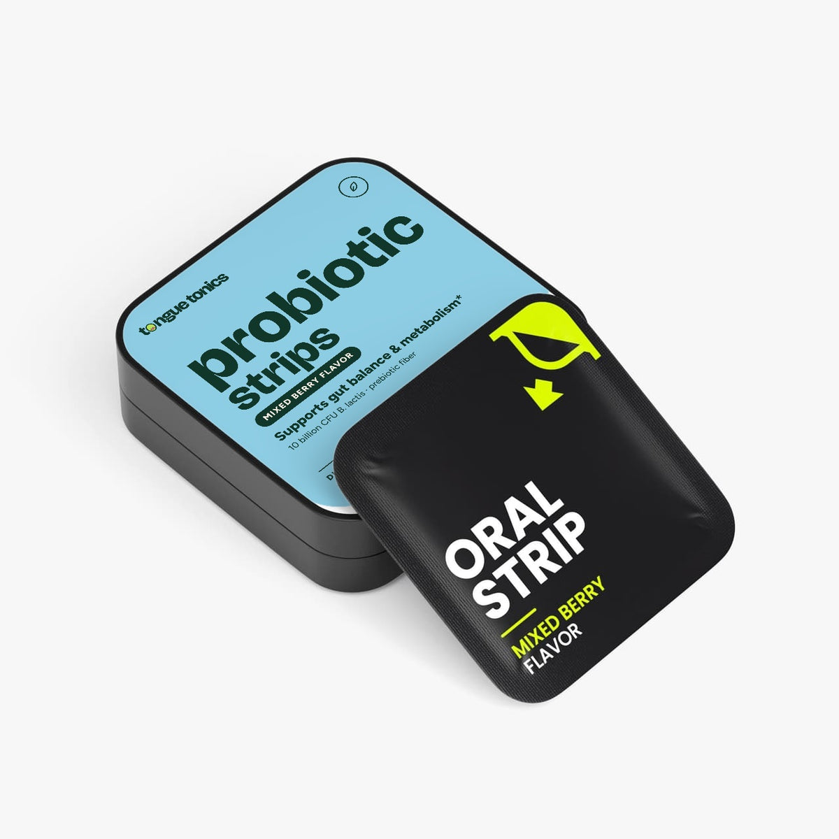 Probiotic + Metabolism Strips tin with a strip packet