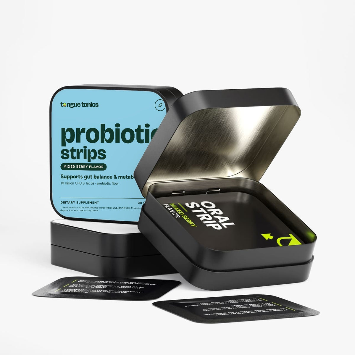 Probiotic + Metabolism Strips open tin with strip packets