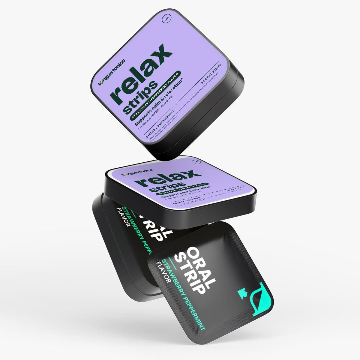 Cognitive Relax Strips tin floating open with packets