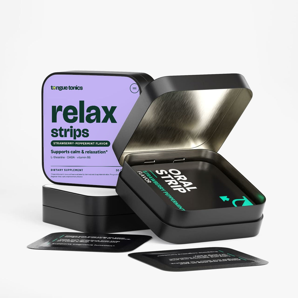 Cognitive Relax Strips open tin with strip packets
