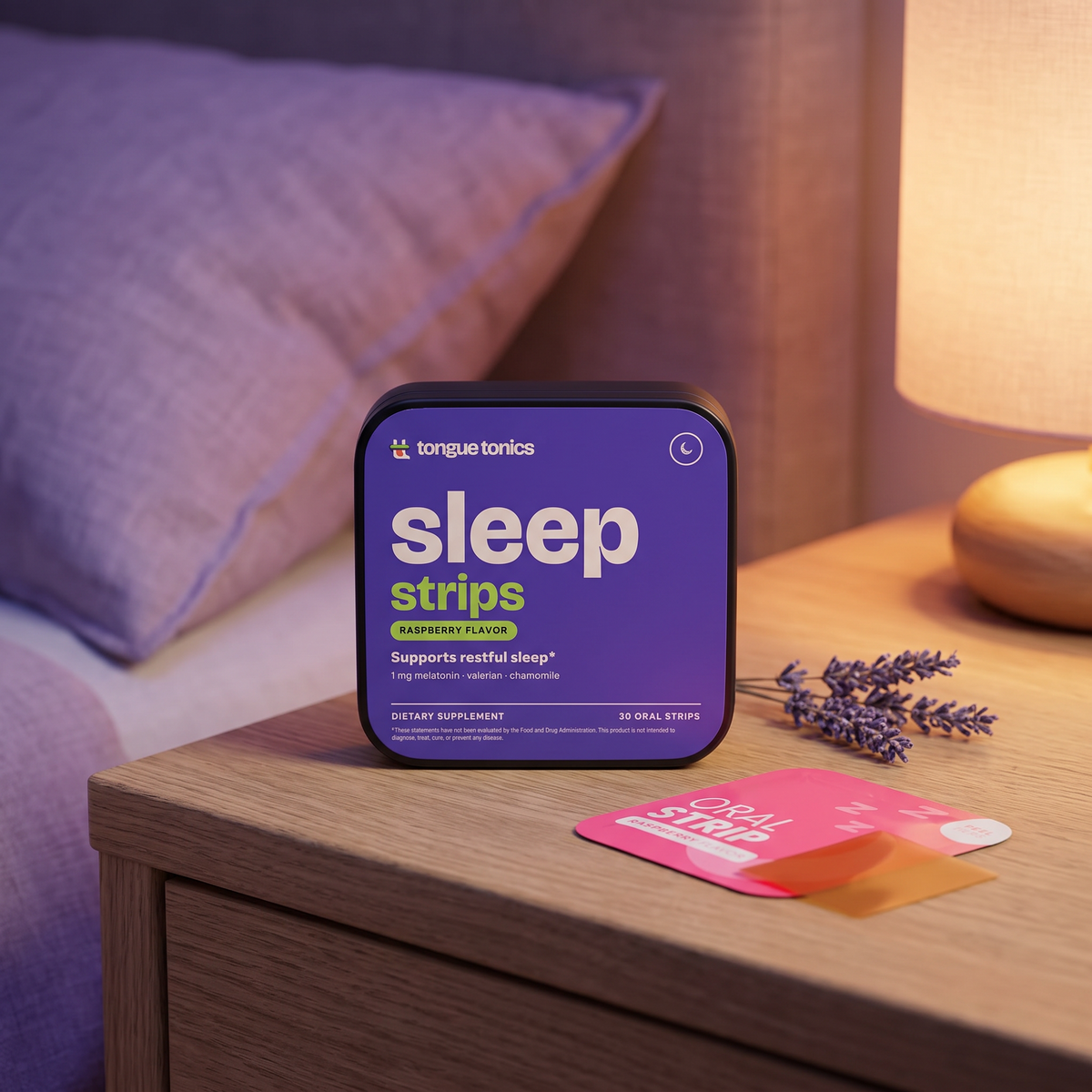 Sleep Strips tin on a bedside table
